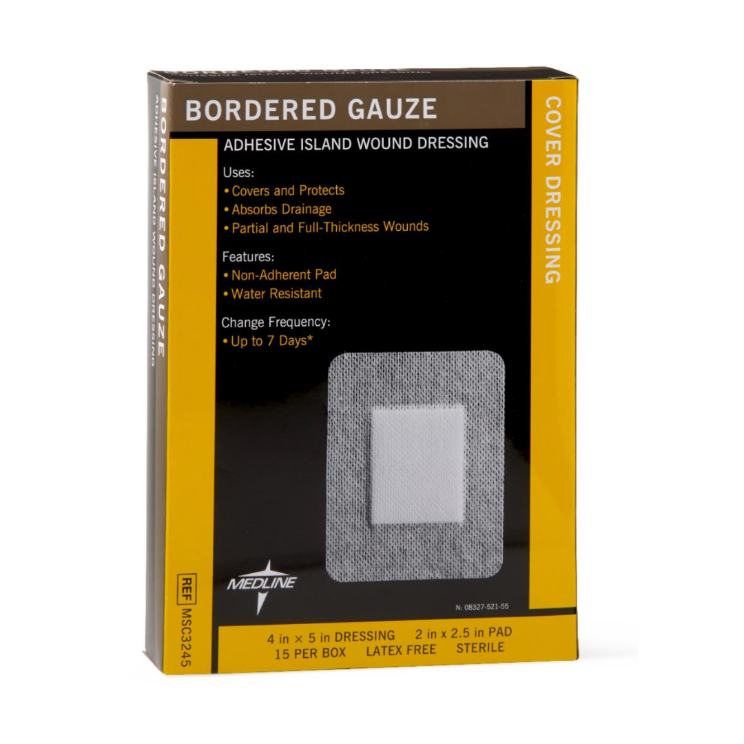 A box of Medline Bordered Gauze Adhesive Island Wound Dressings, with product info and an image showing the soft absorbent pad and non-adherent contact layer on front. The packaging is primarily black and yellow.